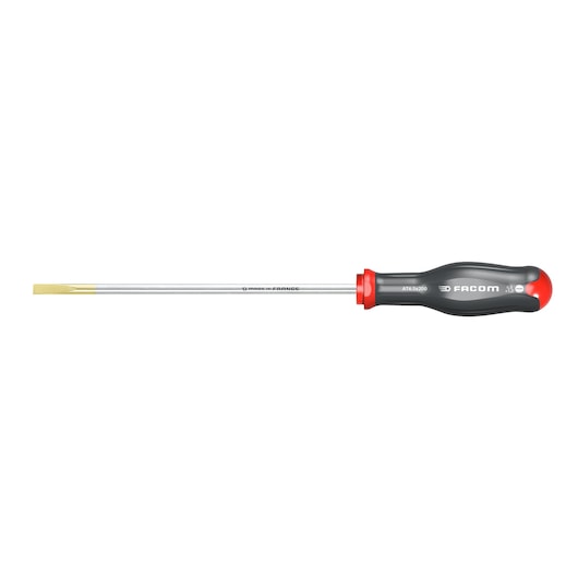 Facom AT6_5X300 slotted screwdriver, black and red handle, side view on white background.