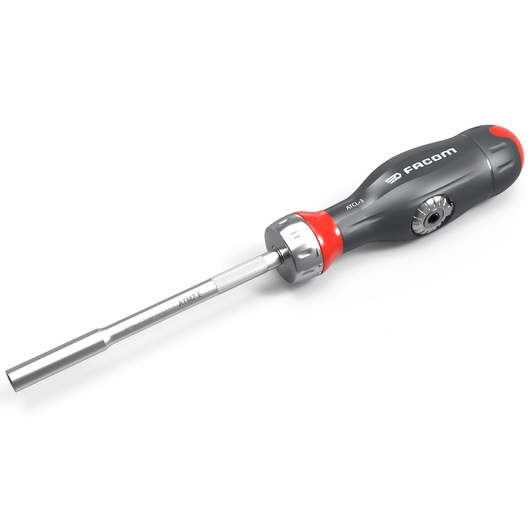 Facom ATCL.3 ratchet screwdriver, black and red handle, silver shaft, side angle, photography category.