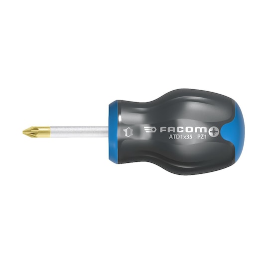 Facom stubby Phillips screwdriver with black and blue ergonomic handle, gold tip, left-side view, ATD1X25.