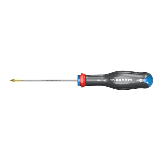 Facom ATD1X75 Phillips screwdriver, gray handle, red and blue accents, side view, white background.