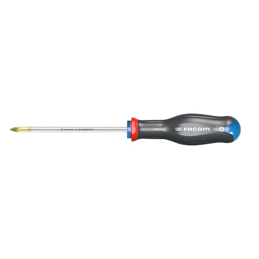 Facom ATD2X125 Phillips screwdriver with black ergonomic handle and gold tip, side view on white background.