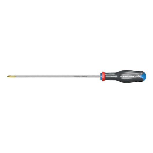 Facom ATD2X250 Phillips screwdriver with long shaft and black ergonomic handle, side angle, white background.