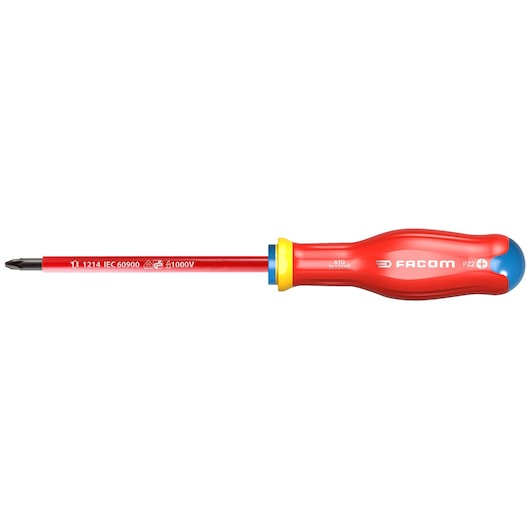Facom insulated Pozidriv screwdriver ATD3X150VE, red and yellow handle, side view, white background.