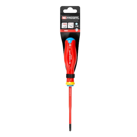 Facom insulated Pozidriv screwdriver ATDB1X100TVE.PB, red handle with black and yellow accents, front angle on white.