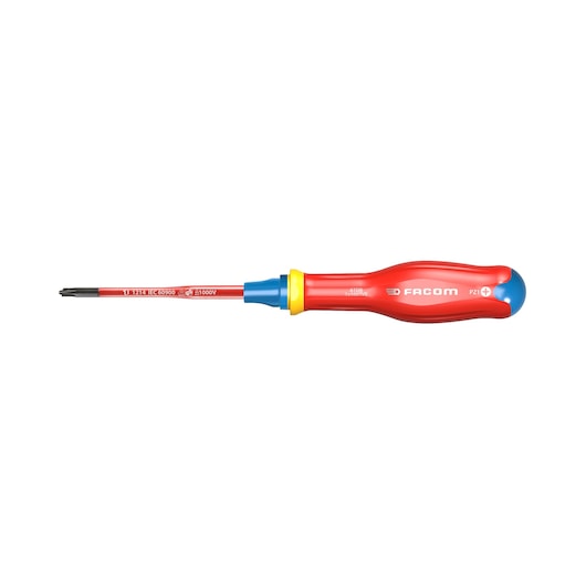 Facom insulated screwdriver with red and blue handle, flat side view, SKU ATDB1x100TVE.