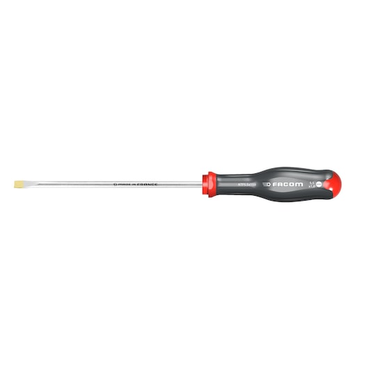 Photo of Facom flathead screwdriver ATF5_5X100 with black and red handle, side angle on white background.