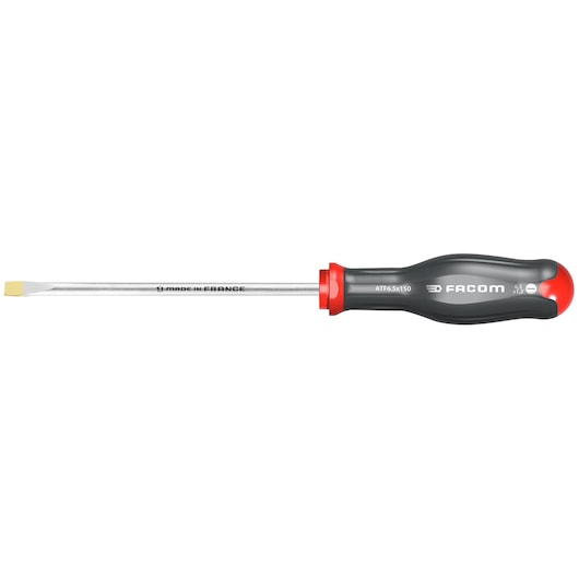 Photo of Facom flathead screwdriver ATF6_5X150, black and red handle, side view, white background.
