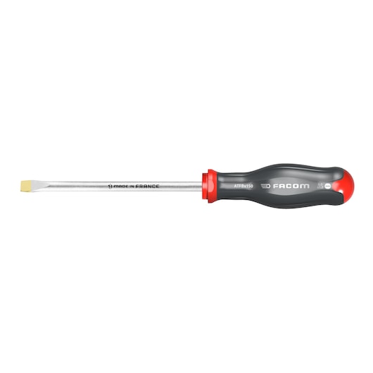 Facom ATF8X200 flathead screwdriver with black and red ergonomic handle, side view on white background.