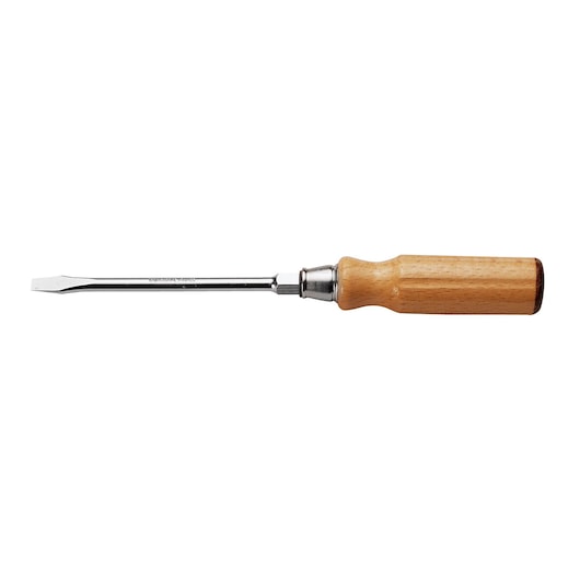 Facom ATHH_8X150 flathead screwdriver with wooden handle, side view on white background.