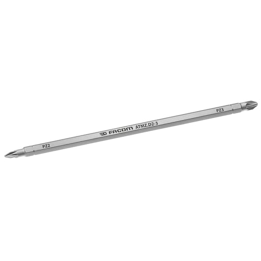 Facom ATMZ.D2-3 double-ended screwdriver bit with PZ2 and PZ3 tips, silver, side angle, photography
