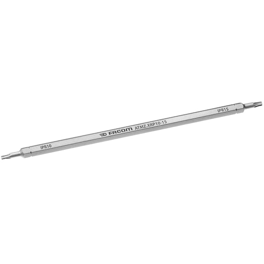 Photo of Facom ATMZ.XRP10-15 double-ended precision screwdriver bit, silver finish, labeled IPR10 and IPR15, on white background.