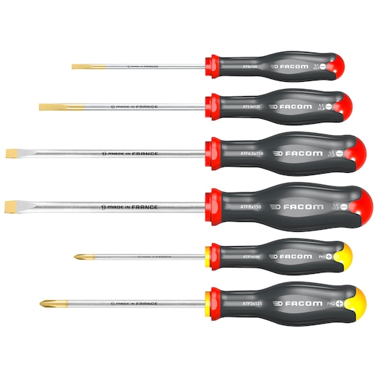 Facom ATP_J6PB screwdriver set, six pieces with black and red handles, flat and Phillips heads, side view.