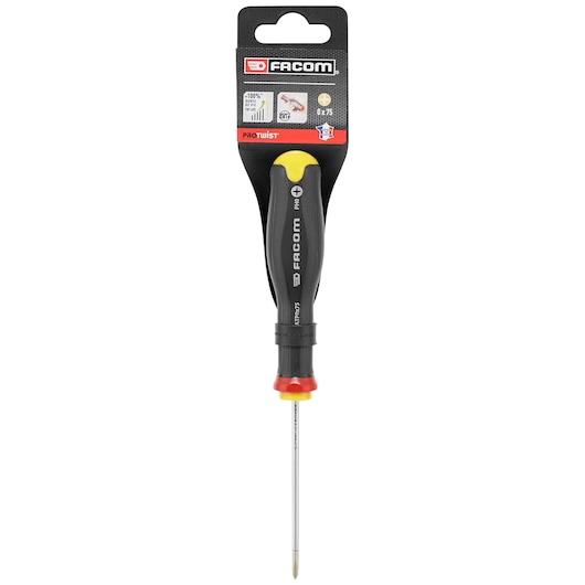 Facom ATP0X75PB Phillips screwdriver, black handle with yellow and red accents, front view, white background.