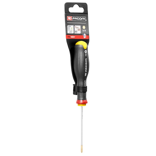 Facom ATP0X75PB Phillips screwdriver with black and red ergonomic handle, packaging, front view on white background.