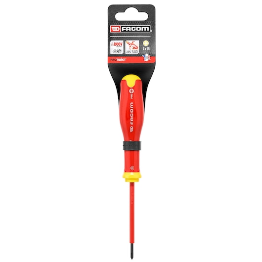 Facom PROT_SD_PH_0X75_1000V insulated Phillips screwdriver, red and yellow, front view, photography