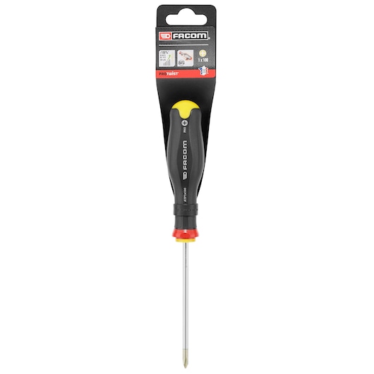 Facom ATP1X100PB Phillips screwdriver with black, yellow, and red ergonomic handle, front view, white background.