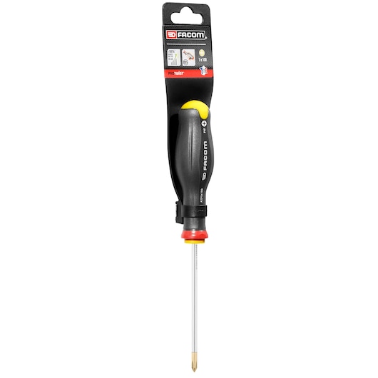 Facom ATP1X100PB Phillips screwdriver with black and yellow ergonomic handle, packaging visible, front angle.