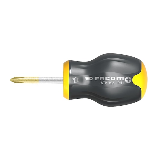 Photo of Facom ATP1X25 stubby Phillips screwdriver, black and yellow handle, side view on white background.
