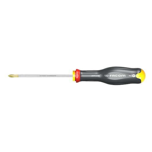Facom Phillips screwdriver ATP2X100 with yellow and black handle, side view on white background.