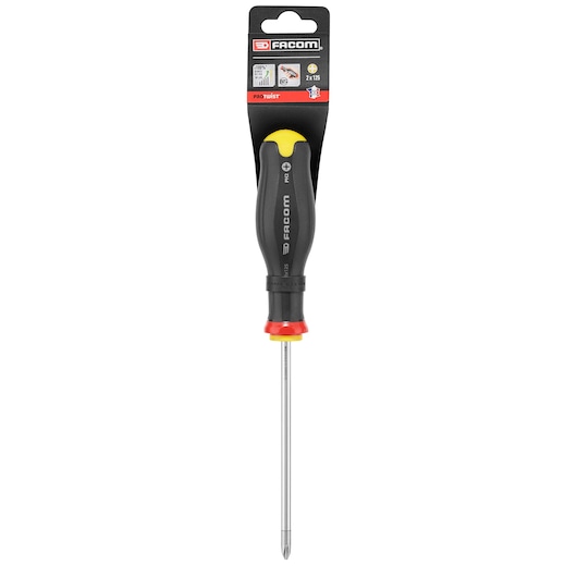 Photo of Facom PROT_SD_PH_2X125_STD Phillips screwdriver with black ergonomic handle, red and yellow accents, front view.