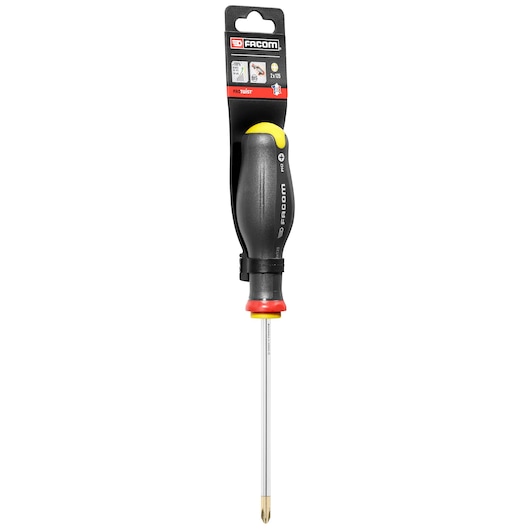 Facom PROT_SD_PH_2X125_STD Phillips screwdriver with black and yellow handle, product tag, front view, white background.