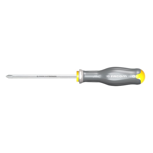 Facom ATP2X125ST Phillips screwdriver with grey and yellow handle, side view on white background.