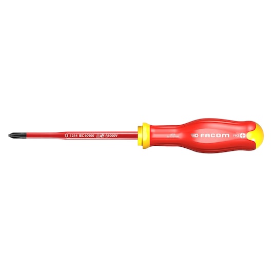 Facom ATP2X125TVE insulated Phillips screwdriver, red and yellow handle, side angle on white background.