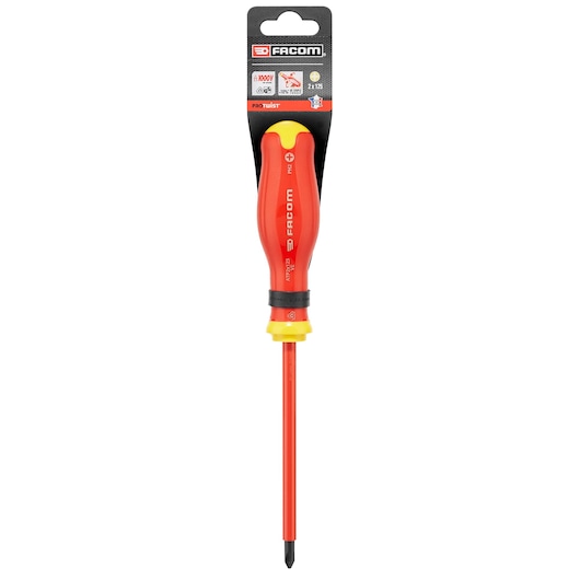 Facom ATP2X125VEPB insulated Phillips screwdriver with red and yellow handle, front view on white background.