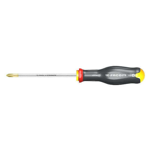 Facom ATP2X125 Phillips screwdriver with black and yellow ergonomic handle, side view on white background.