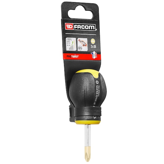 Facom screwdriver PROT_SD_FLARED_4X100_SHOCK with black and yellow handle and Phillips tip, front view on white background.