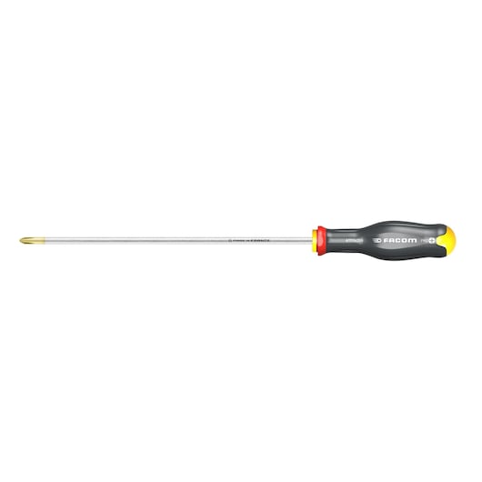 Facom ATP2X400 long Phillips screwdriver, black and yellow handle, side angle, white background.