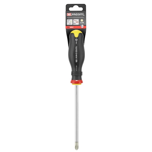 Facom Phillips screwdriver with black ergonomic handle, yellow accent, long metal shaft, front view PROT_SD_PH_3X150_STD.