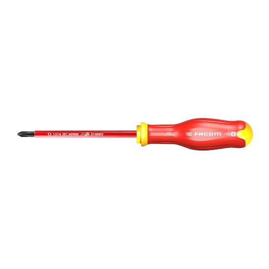 Facom ATP4X200VE insulated Phillips screwdriver, red and yellow handle, side view, photography.
