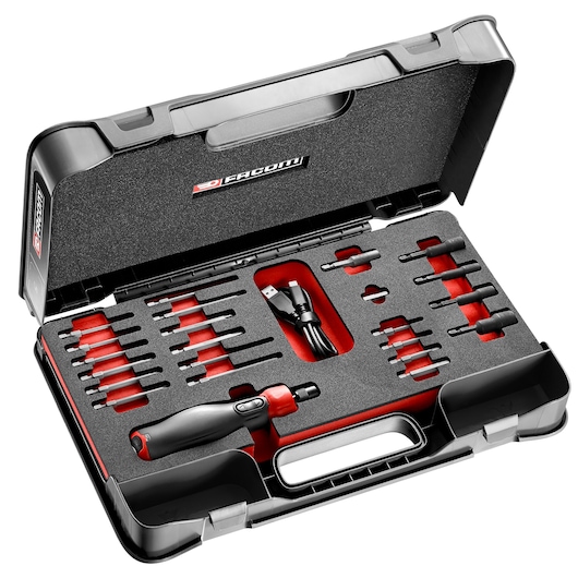 Facom ATPA4V_J23PB cordless electric screwdriver set with multiple bits and USB cable in black carrying case, top view.