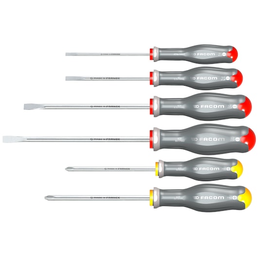 Facom ATPSTJ6 photography of six gray screwdrivers with colored tips, flat and Phillips, white background, side angle.
