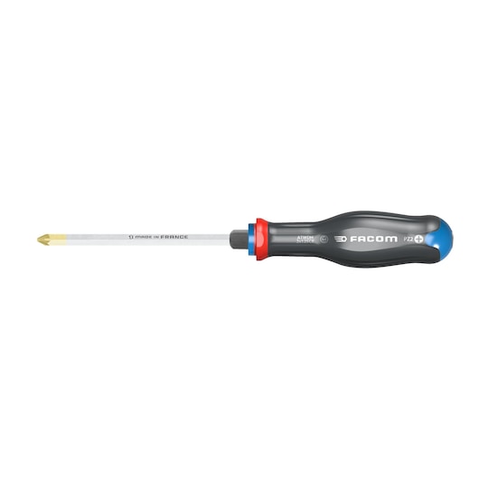 Facom ATWDH1X100CK Phillips screwdriver with black ergonomic handle and gold tip, side view on white background.