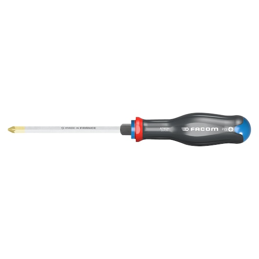Facom ATWDH1X100 Pozidriv screwdriver with black handle and gold tip, side view on white background.