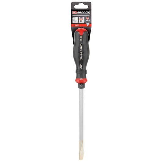 Photo of Facom ATWH10X175PB slotted screwdriver with black and red handle, front angle, on white background.