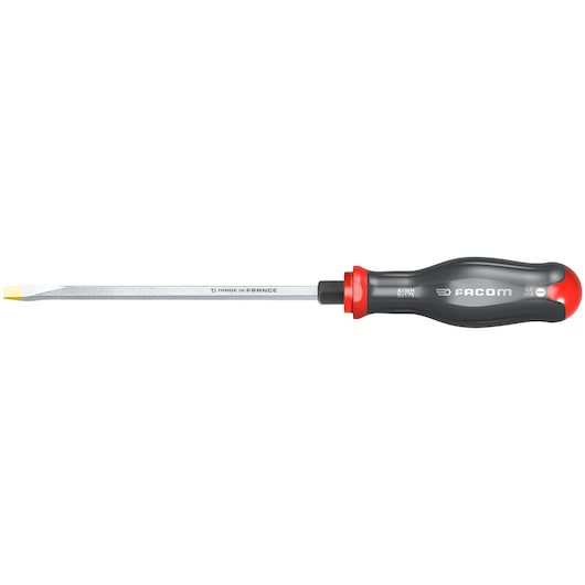 Facom flathead screwdriver ATWH12X250, black and red ergonomic handle, left side view, photography
