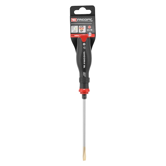 Facom flathead screwdriver PROT_SD_FLARED_5.5X125_POW with black and red ergonomic handle, front view on white background.