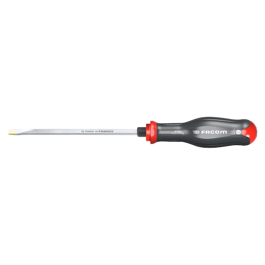 Facom ATWH6_5X150CK slotted screwdriver with black and red ergonomic handle, side view on white background.