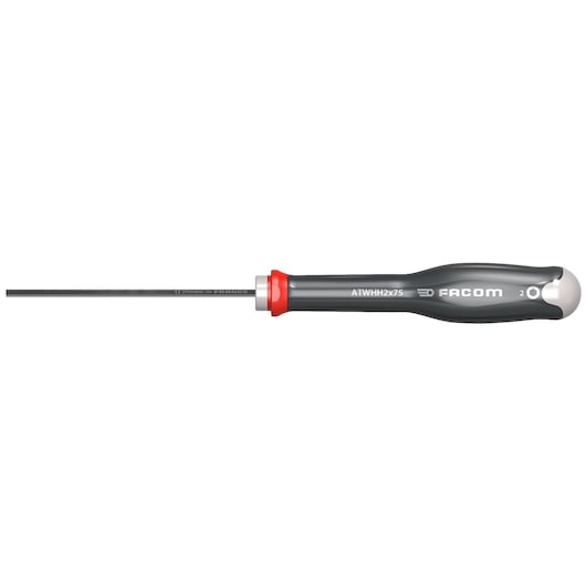 Photo of Facom ATWHH2X75 precision screwdriver with black shaft and ergonomic grey handle, side view on white background.