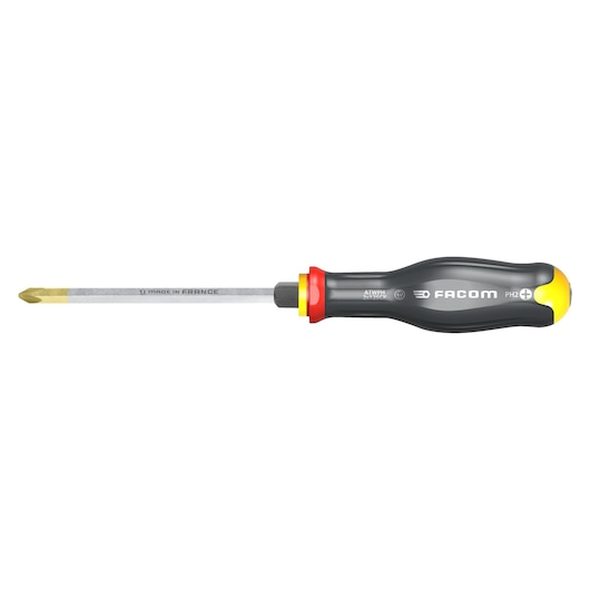 Facom ATWPH2X125CK Phillips screwdriver, black and yellow handle, side view, white background.