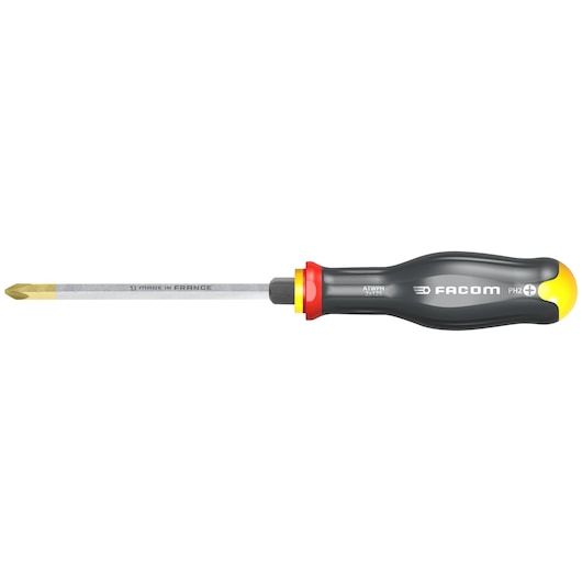 Facom ATWPH2X125 Phillips screwdriver with black ergonomic handle, yellow and red accents, side view on white.