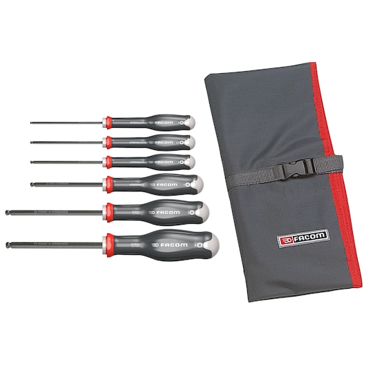 Facom ATWSH_JT6 screwdriver set with six black and red screwdrivers and a gray roll-up pouch, top-down view.