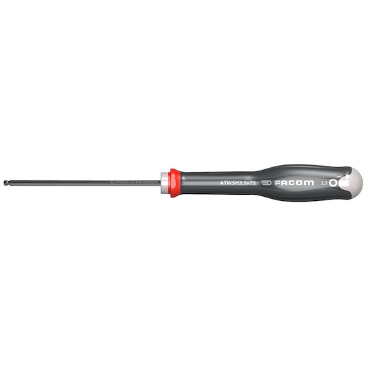 Facom ATWSH2_5X75 hex screwdriver with black shaft, ball end, grey and red ergonomic handle, side view on white.