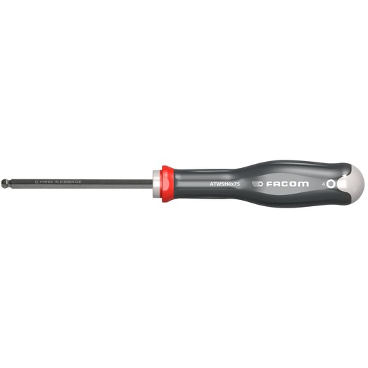 Facom ATWSH4X75 ball-end hex screwdriver, black and red handle, side angle, white background.