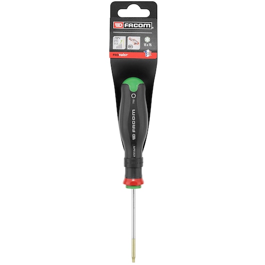 Facom ATX15X75PB black and green Protwist screwdriver, front angle, with packaging visible.