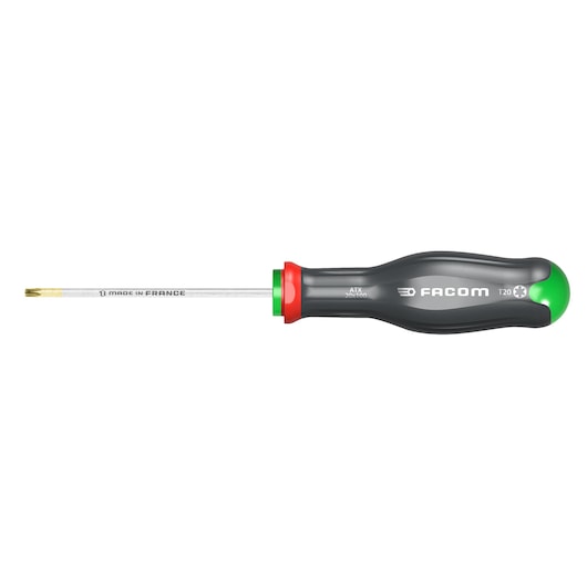 Facom ATX15X75 Torx screwdriver with gray handle, green and red accents, and visible branding, side view on white.