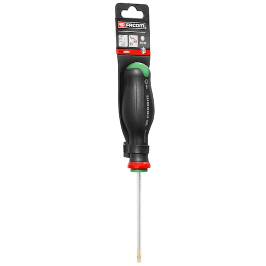 Facom PROT_SD_TORX_25X100_STD Torx screwdriver with black and green handle, front angle, white background.